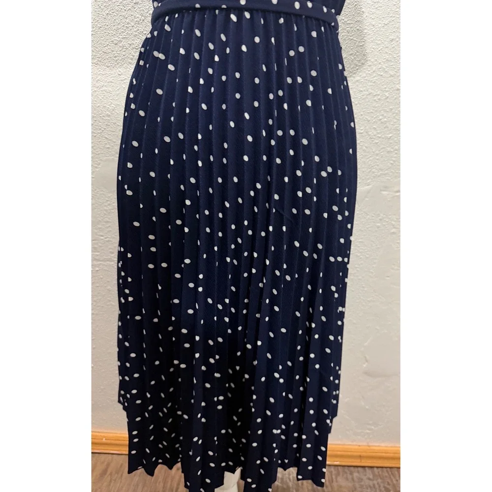 Lark + Grey Navy Blue Polka Dot Pleated Wrap Midi Dress Women's Medium